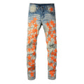 Jeans da uomo leggeri arancioni Star perforati, stile europeo e americano, di marca Valstrend shop, visibili in primo piano.