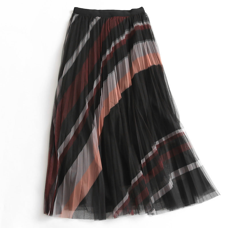 Gonna aderente a righe elasticizzata per donna, gonna a pieghe in mesh slim fit con vita elastica e stile elegante.
