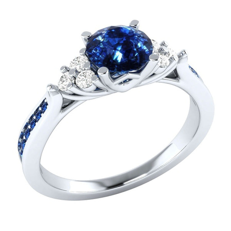 Anello in argento 925 con zirconi e zaffiri incastonati, stile principesco, placcato oro europeo e americano, Valstrend shop