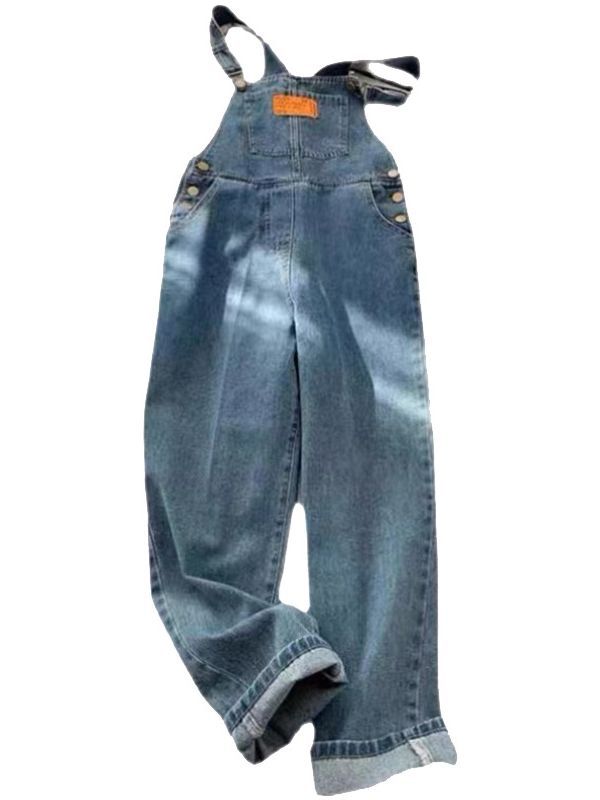 Pantaloni donna in denim blu con bretelle, vita alta e vestibilità ampia, stile casual e trendy di Valstrend shop