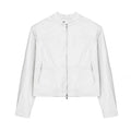 Giacca uomo in pelle imbottita con spalline corte, stile giacca bomber Valstrend, dettaglio di cuciture e fodera interna.