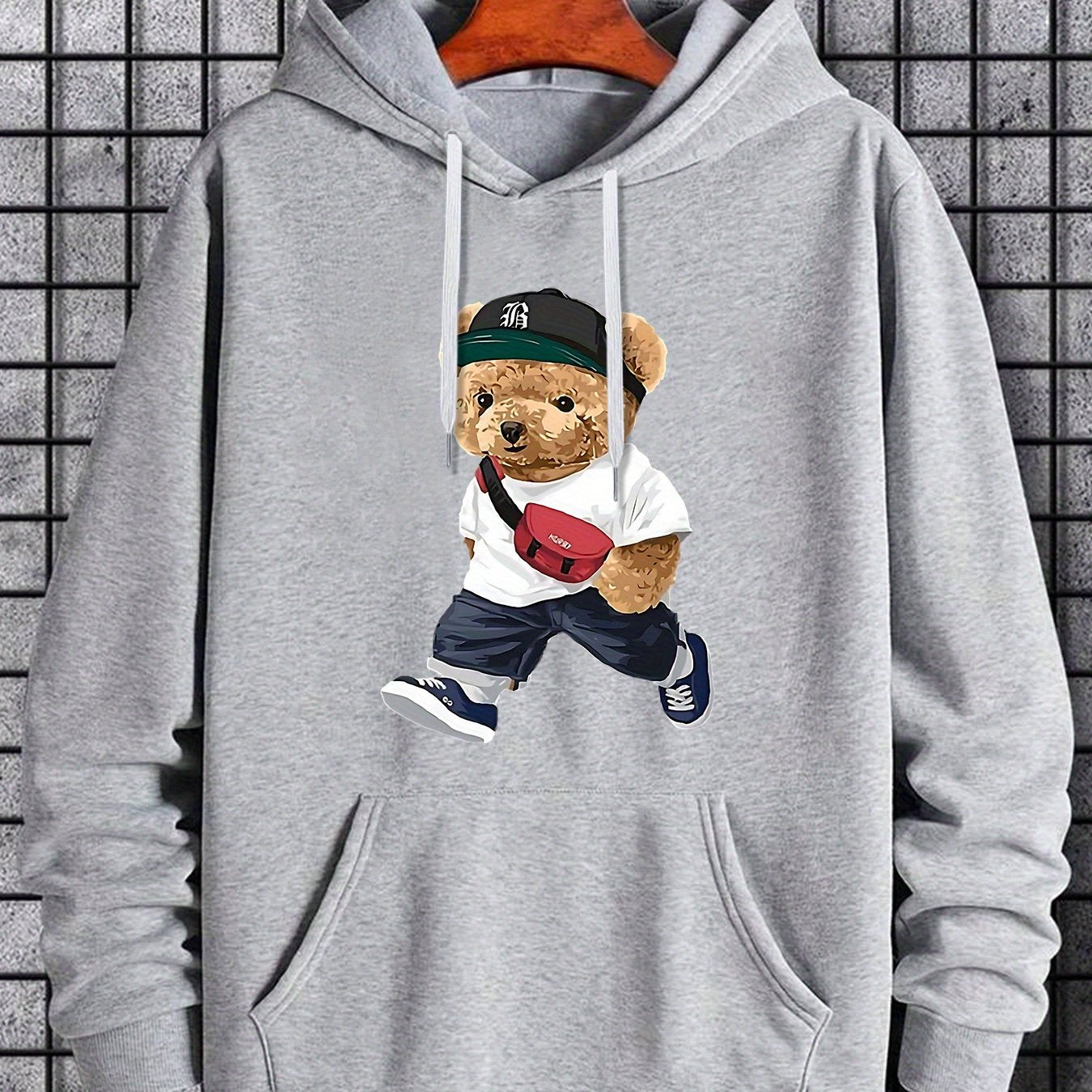 Fashion Teddy Bear Graphic Print, Men's Fashion Casual Hoodie With Drawstring And Kangaroo Pocket Design, Comfy Long Sleeves Pullover Hoodie, Autumn And Winter Top For Men