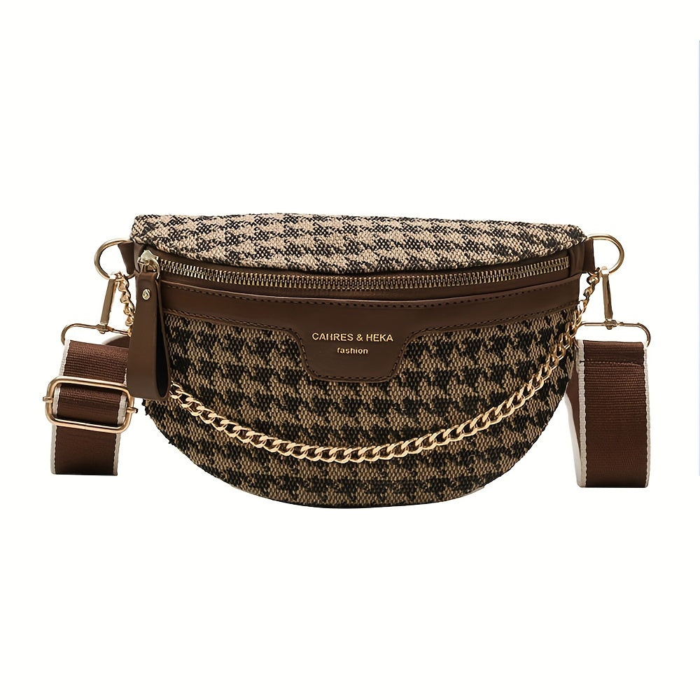 Chic Leopard & Plaid Print Canvas Crossbody Bag with Adjustable Strap - Vintage-Inspired, Zip Closure, Women's Fashion Accessory in Deep Brown/Black, for Autumn, Spring