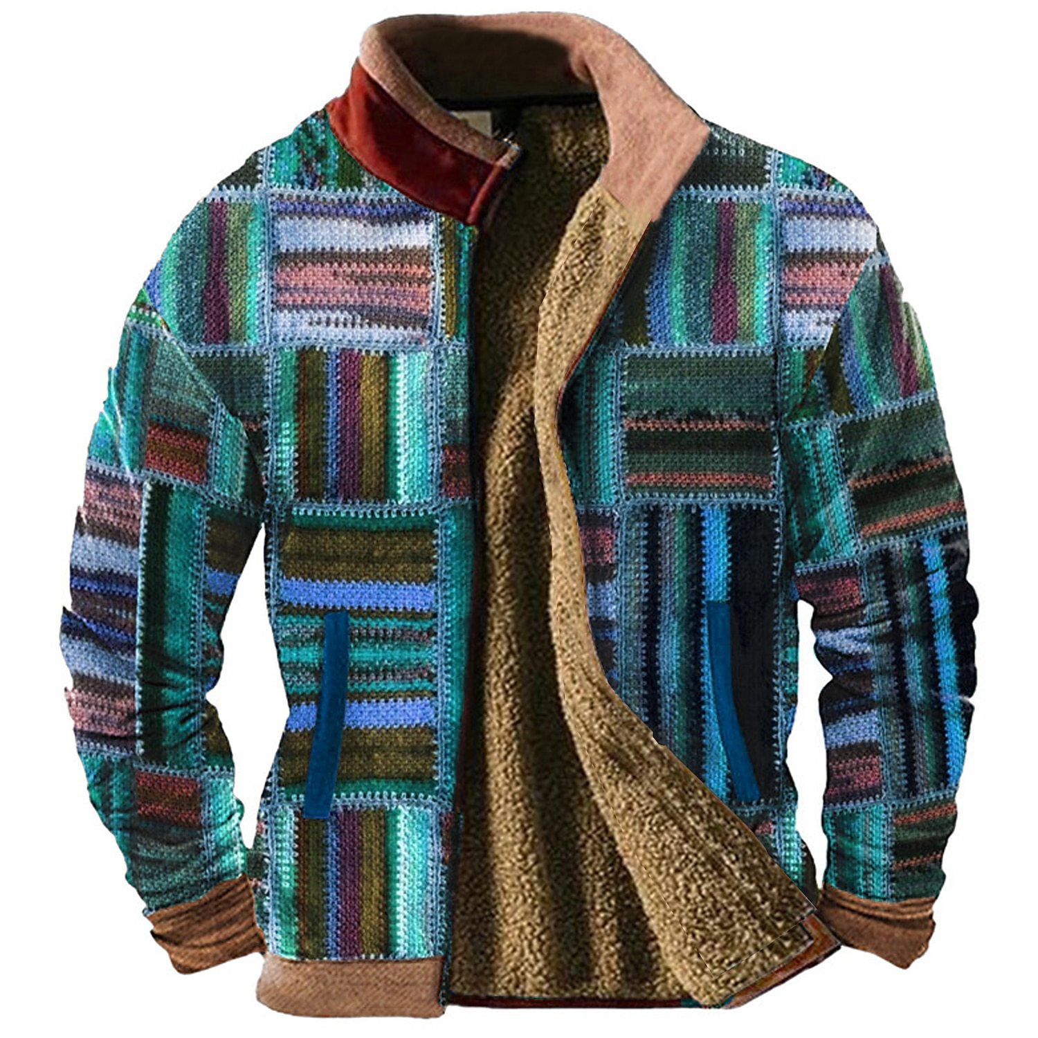 Giacca casual uomo Valstrend in stampa patchwork autunnale e invernale, con motivo a pezze colorate e design caldo.