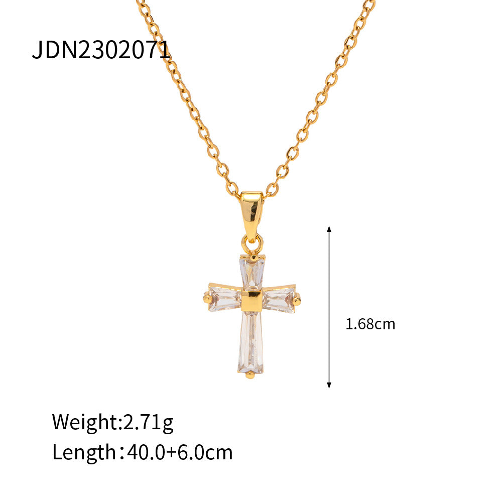 European And American Ins Style 18K Gold Stainless Steel Inlaid White Zircon Square Geometric Pendant Necklace