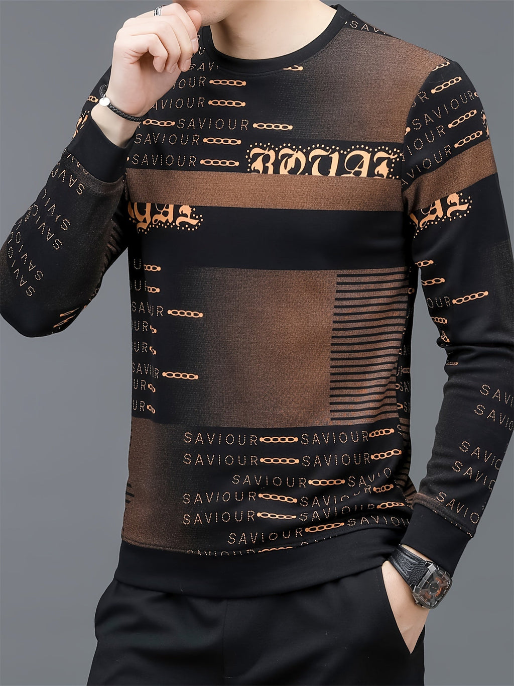 T-shirt casual a maniche lunghe Valstrend con collo rotondo, stampa lettera, vestibilità regolare, tessuto elastico, stile pullover.