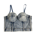 Canotta grigia in denim con motivo a ossatura di pesce, stile retrò americano, di marca Valstrend shop, pendente e tinta a mano