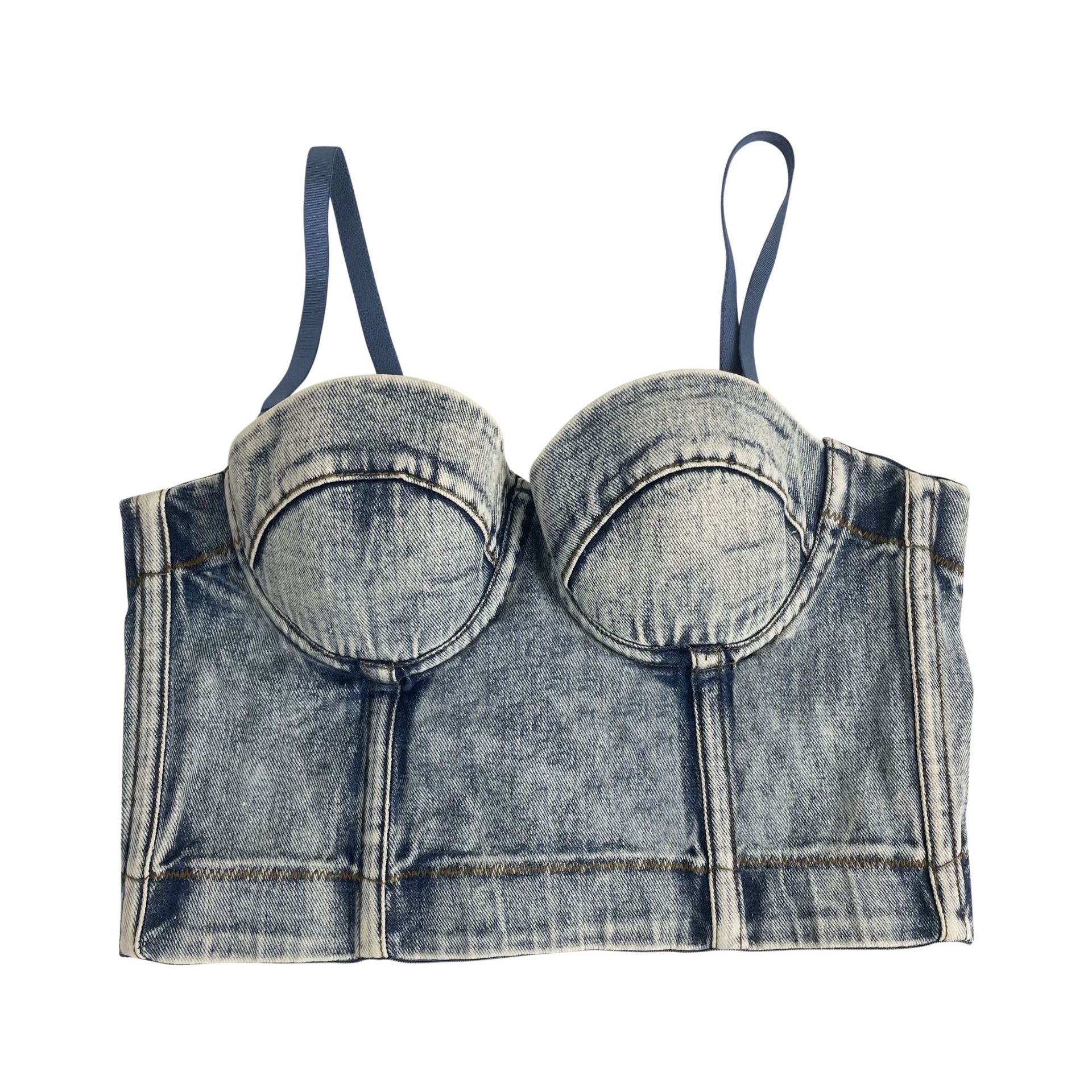 Canotta grigia in denim con motivo a ossatura di pesce, stile retrò americano, di marca Valstrend shop, pendente e tinta a mano