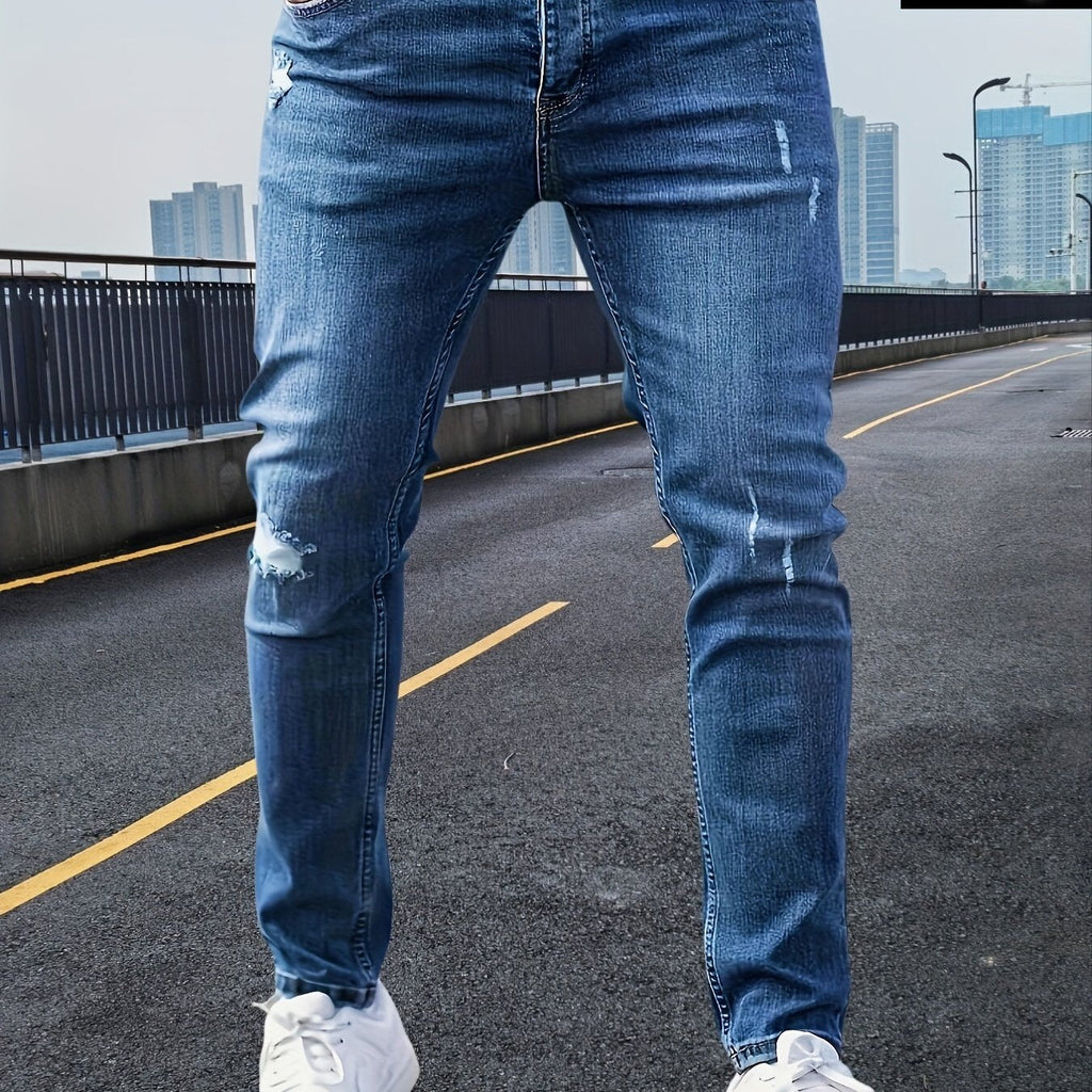 Jeans slim fit da uomo Valstrend shop in denim strappato con tasche, vita media, stile street, lavabili in macchina.