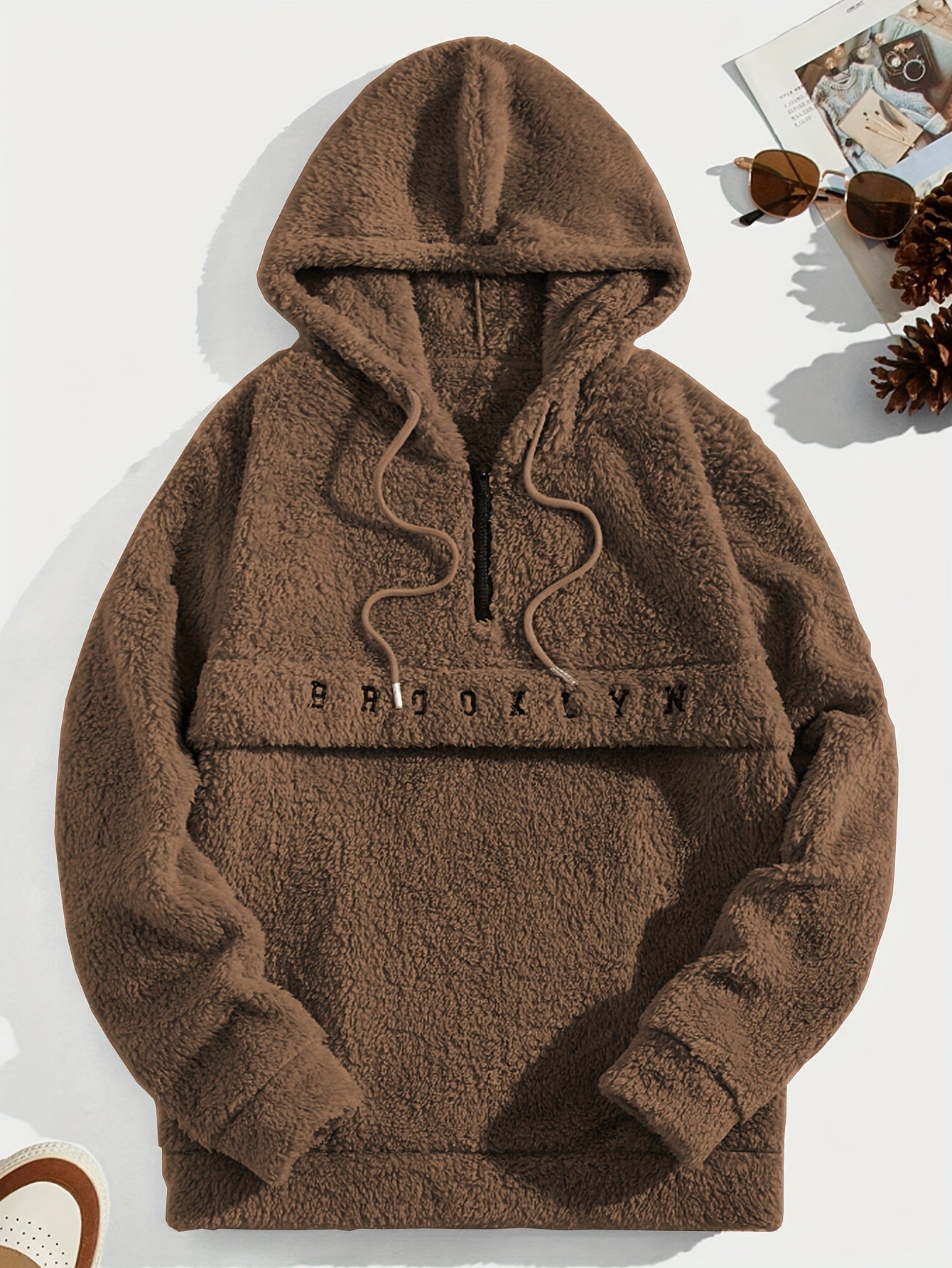 Felpa con cappuccio da uomo Valstrend, morbida, tinta unita, con cerniera a metà e lettere ricamate, stile casual a manica lunga