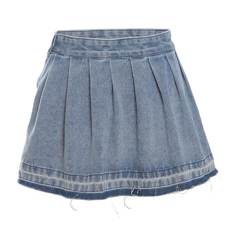 Gonna in denim per donna Valstrend con volant, vita a vita alta e taglio a tubino, stile alla moda e casual.