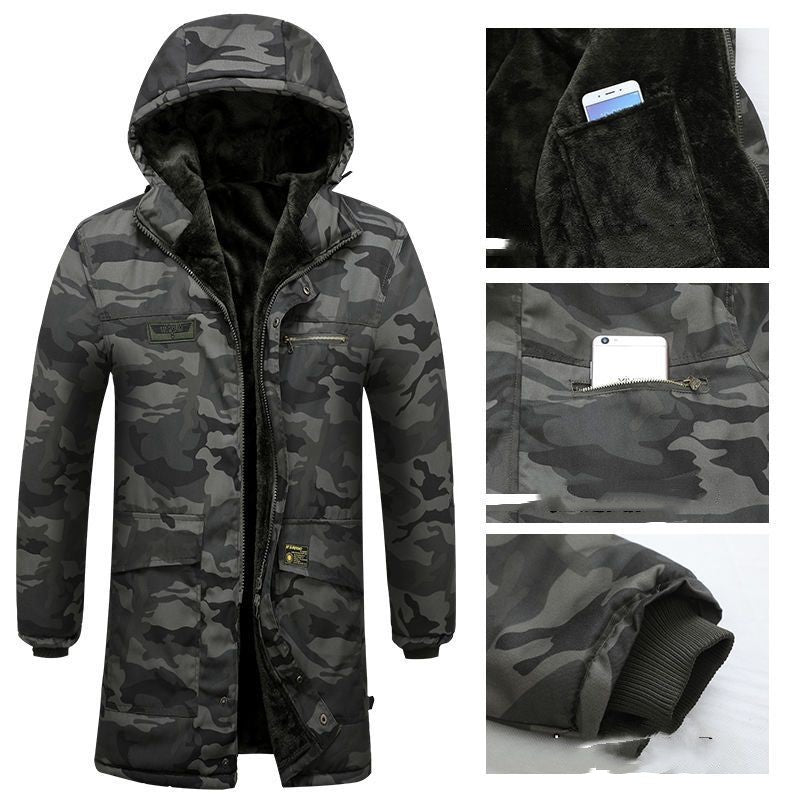 Cappotto imbottito in cotone camouflage militare spessa e pesante, stile militare con tasche e cappuccio, marca Valstrend.