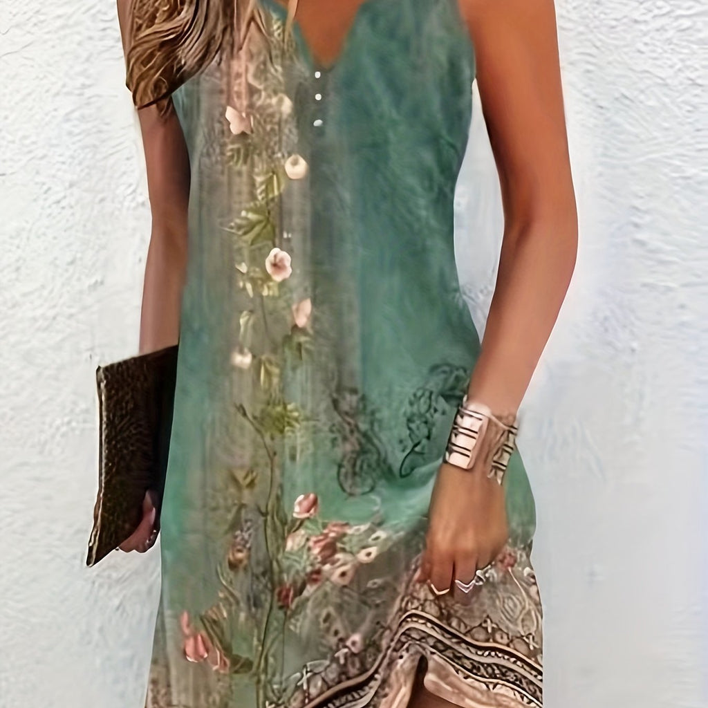 Floral Print Notched Neck Dress, Elegant Sleeveless Slim Dress, Women's Clothing