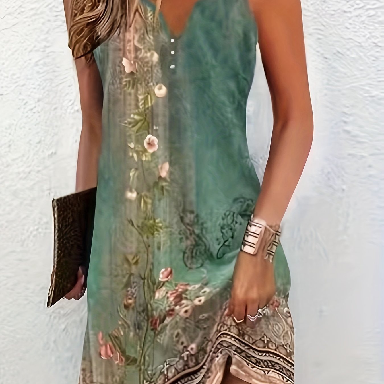Floral Print Notched Neck Dress, Elegant Sleeveless Slim Dress, Women's Clothing