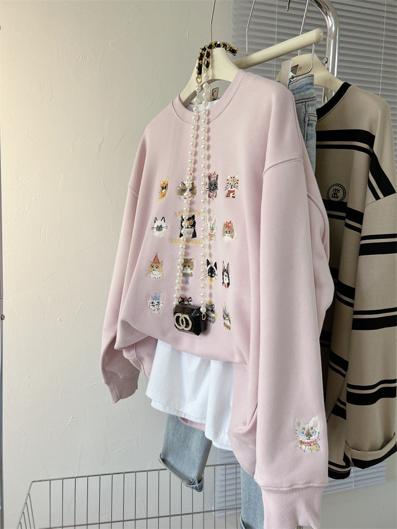 Maglione donna Valstrend con ricami di gattini stampati, street fashion, stile casual e alla moda, morbido e confortevole.