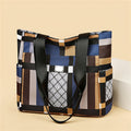 Geometric Tote Bag with Zipper Closure, Mixed Color Plaid Pattern, Lightweight Oxford Fabric, Polyester Lined, Dry Clean Only - Casual Shoulder Bag for Daily Use
