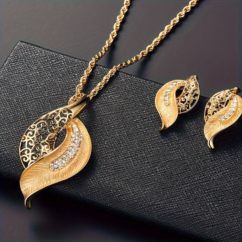 Set di collana e orecchini con foglia traforata e strass, gioielli maschili Valstrend, ideale come regalo elegante e originale