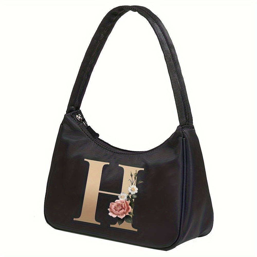 Floral Letter Print Shoulder Bag, Fashion Nylon Underarm Bag, Women's Zipper Handbag & Purse