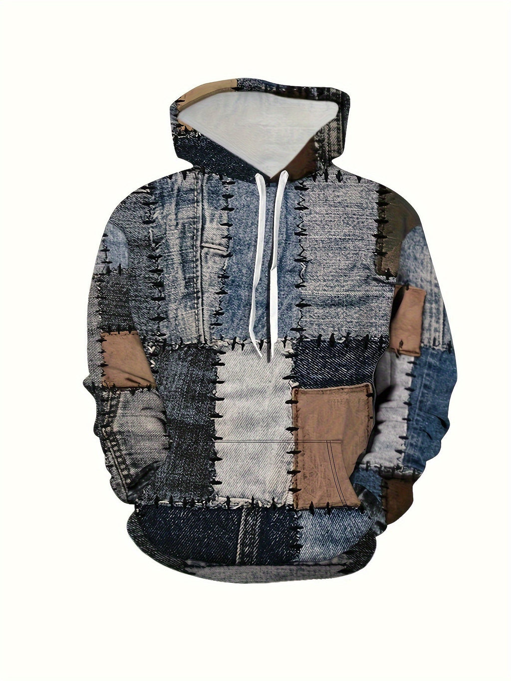 Felpa da uomo Valstrend con patchwork, stampa geometrica e tasca kangaroo, casual, morbida e comoda.