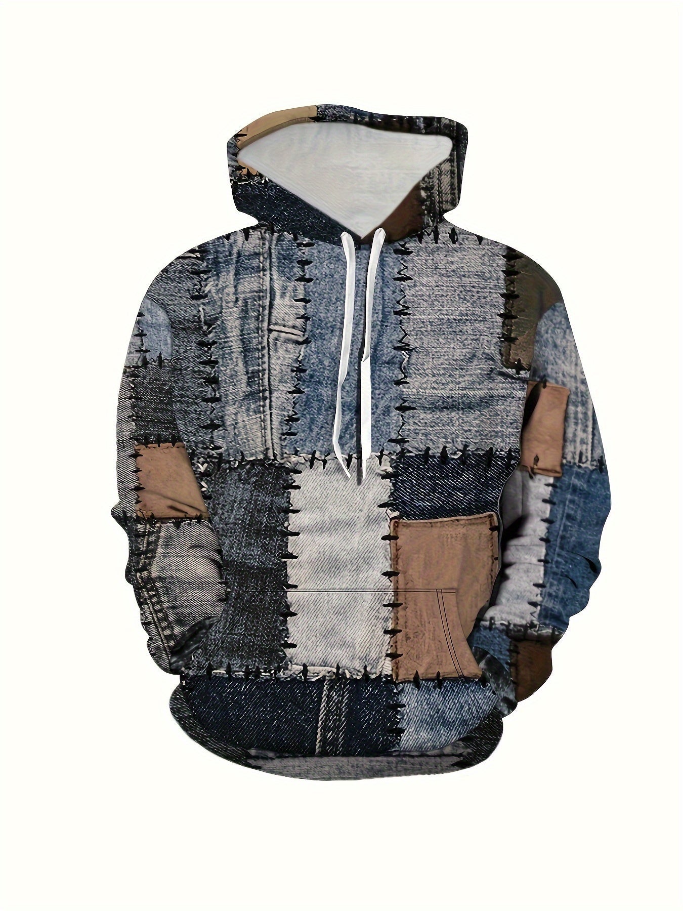 Felpa da uomo Valstrend con patchwork, stampa geometrica e tasca kangaroo, casual, morbida e comoda.