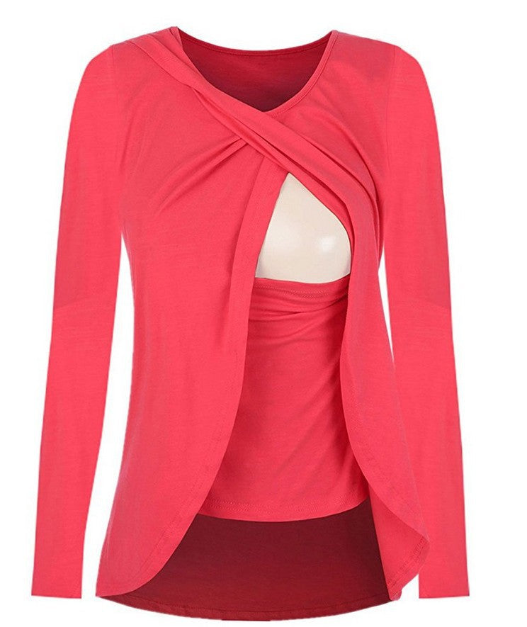 Blusa da donna in cotone per allattamento e gravidanza, maniche a giro, tinta unita, comoda e casual, Valstrend.