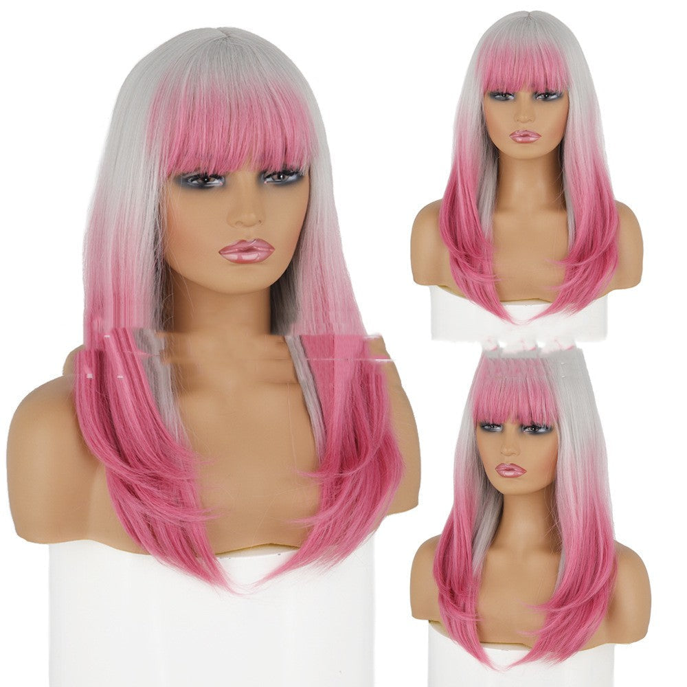 Parrucca grigia da donna Valstrend, lunga, liscia con frangia e leggermente riccia, copricapo per capelli naturali e stile.