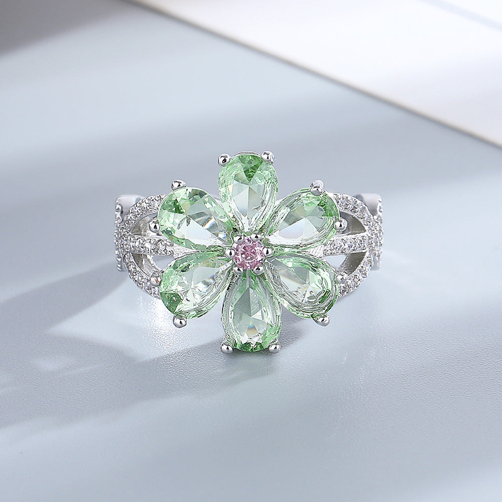 Fashion Exquisite Sweet Flowers Ring Niche Cherry Blossom Light Luxury Mori Style Index Finger Ring Diamond-embedded Simple Temperament Ring