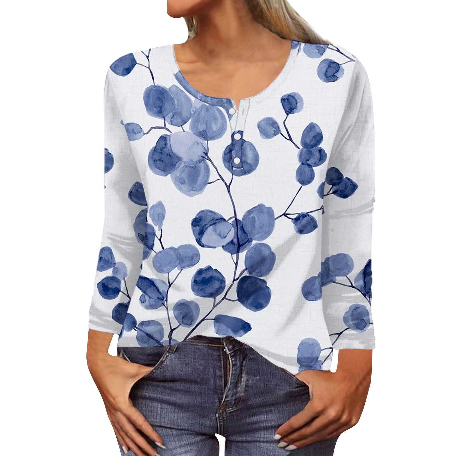 T-shirt donna Valstrend con maniche lunghe, stampa 3D geometrica e bottoni, vestibilità morbida e di tendenza.