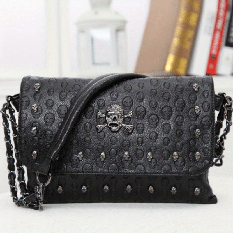 Gothic Ghost Head Metal Chain Crossbody Bag, PVC Textured Bag, Personality Fashion Shoulder Bag