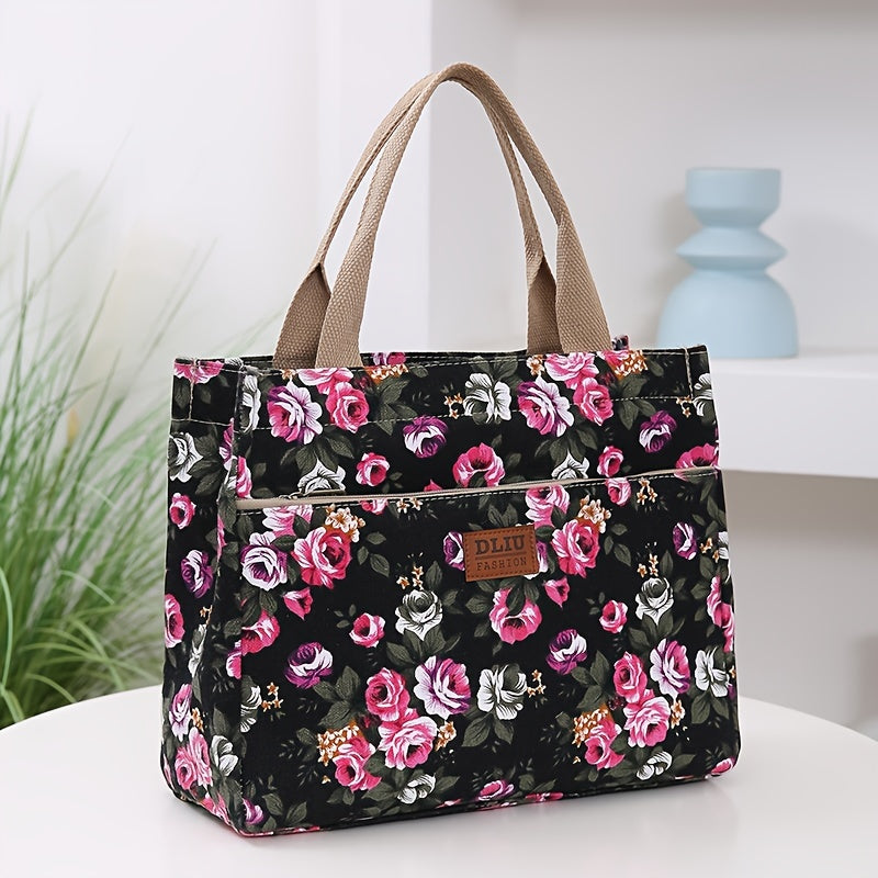 Fashion Floral Print Tote Bag, Portable Canvas Lunch Bag, Women's Casual Handbag For Picnic Travel