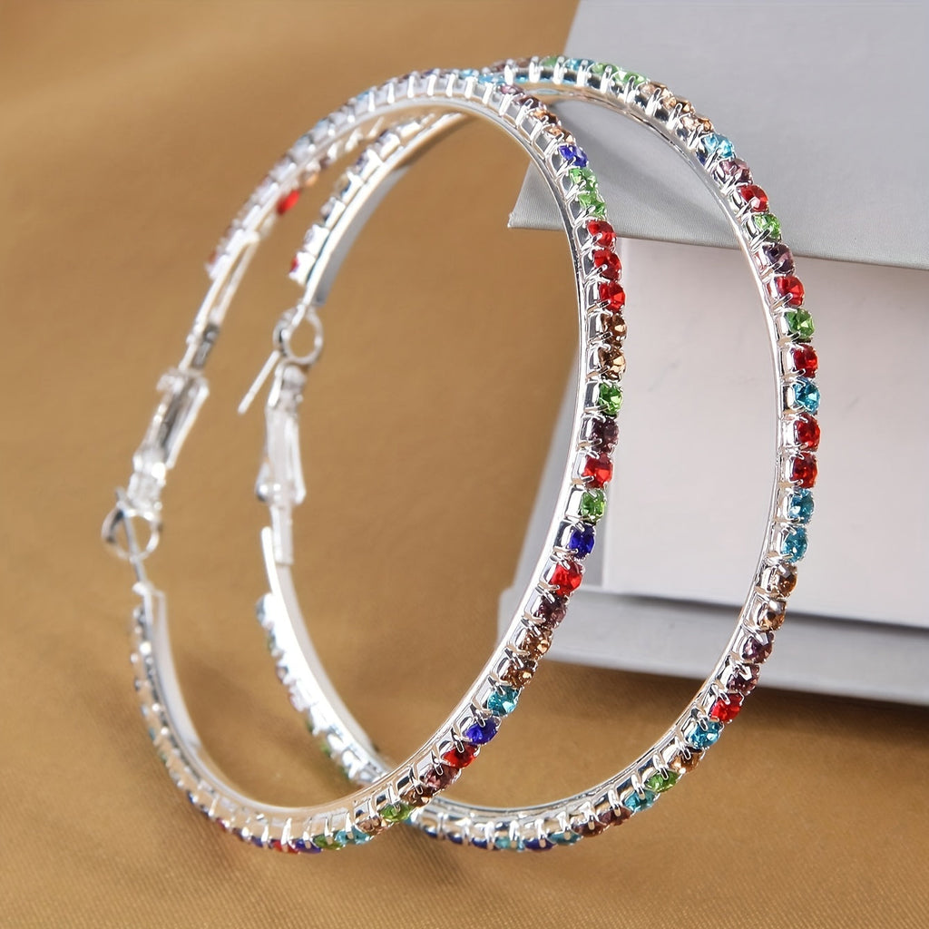 Set di 2 orecchini a cerchio bohemien con strass colorati in argento placcato per donna, stile semplice e alla moda.