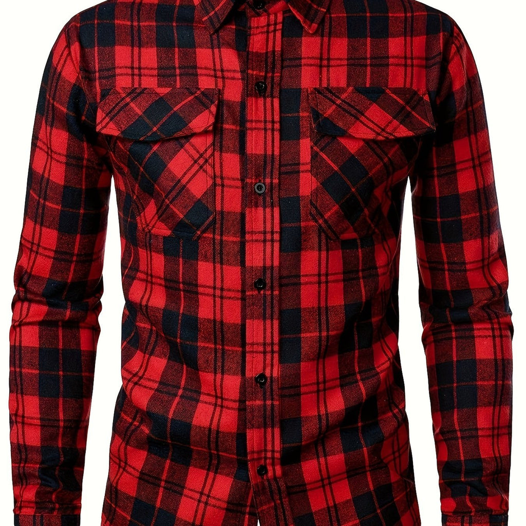 Camicia uomo a quadri Valstrend con tasche a toppa, maniche lunghe, stile classico per primavera e autunno, abbigliamento casual.
