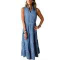 Vestito femminile senza maniche in denim retrò a vita alta con strati, stile fashion anni passati, marca Valstrend.
