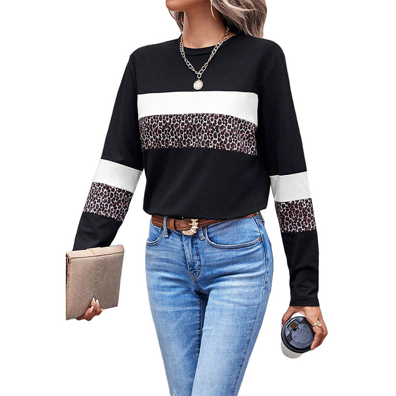 Maglione donna con collo rotondo, stampa leopardata e blocchi di colore, marca Valstrend shop, vista frontale.