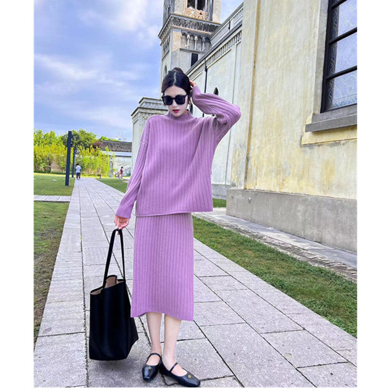 Vestito da donna Valstrend con collo alto autunnale e invernale, maglione oversize a righe e tasche, stile casual e comodo.