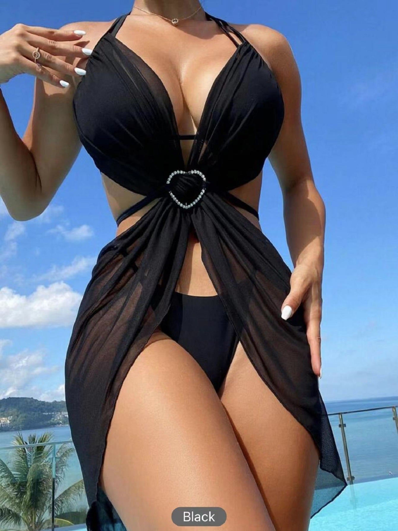 Costume da bagno bikini a fascia con top a collo alto e slip diviso, tre pezzi, in tinta unita per donna, Valstrend shop