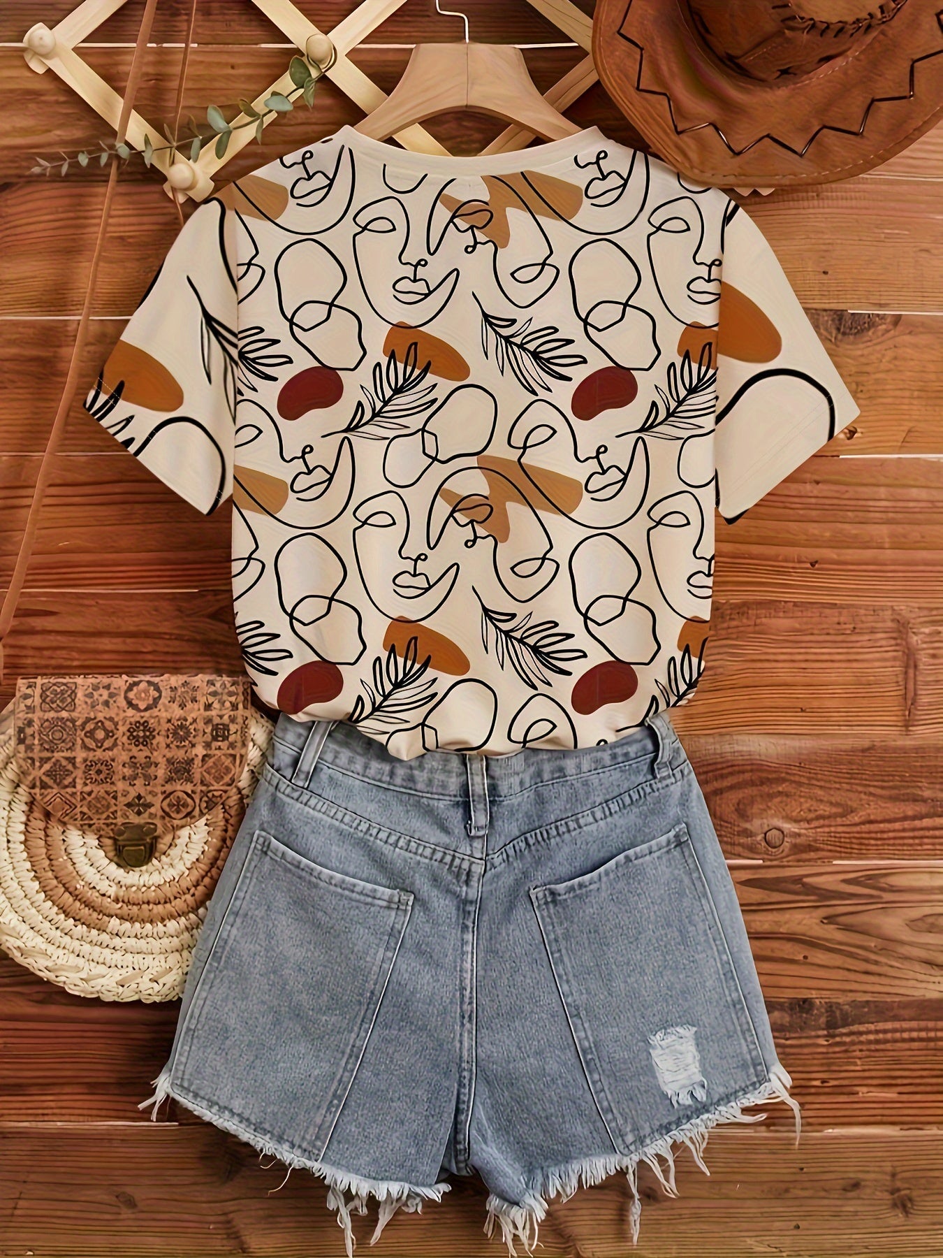 Maglietta donna Valstrend con stampa astratta, manica corta, collo rotondo, ideale per primavera ed estate, stile casual.
