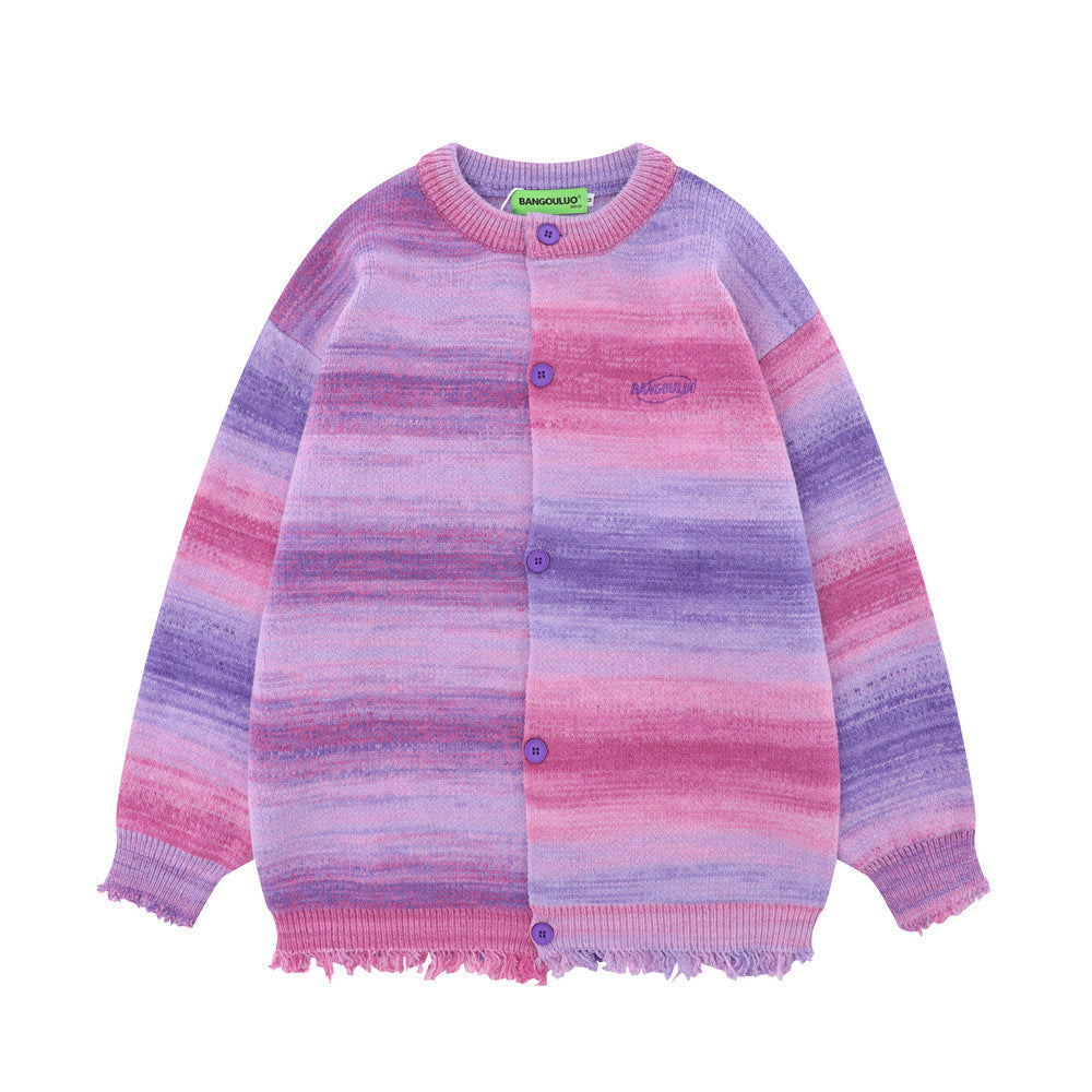 Maglione cardigan Valstrend shop American Retro con gradiente colorato, motivo a fiori e stile vintage, visibile in primo piano.