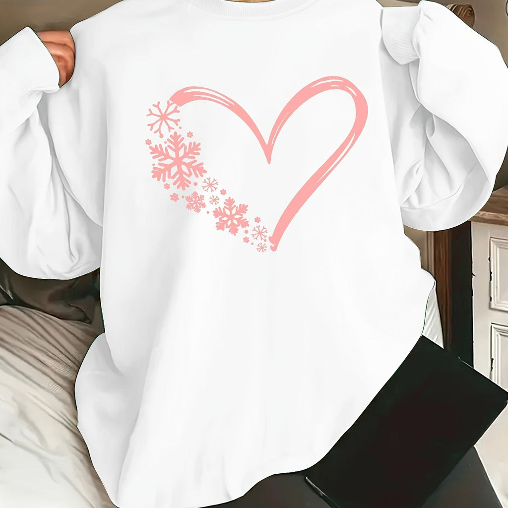 Women's Casual Heart & Snowflake Print Sweatshirt - Cozy Polyester, Long Sleeve, Crew Neck Pullover for All Seasons