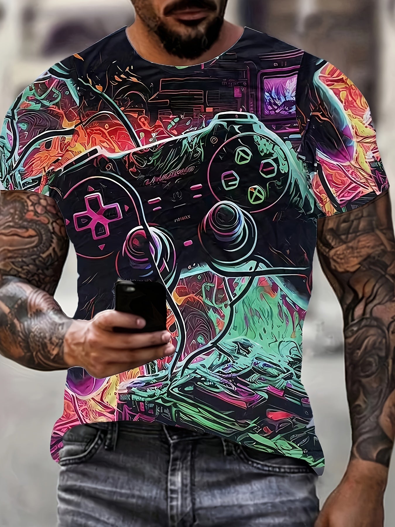 Men's Gamepad Print T-shirt, Casual Short Sleeve Crew Neck Tee, Men's Clothing For Summer Outdoor