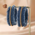 Boho Elegant Denim Fabric Drop & Dangle Earrings with Gold-Tone Chain Accent, Fashion Weave Earrings for Daily and Party Occasions, Unplated Ear Jewelry for All Seasons - Christmas Gift Idea - 1 Pair