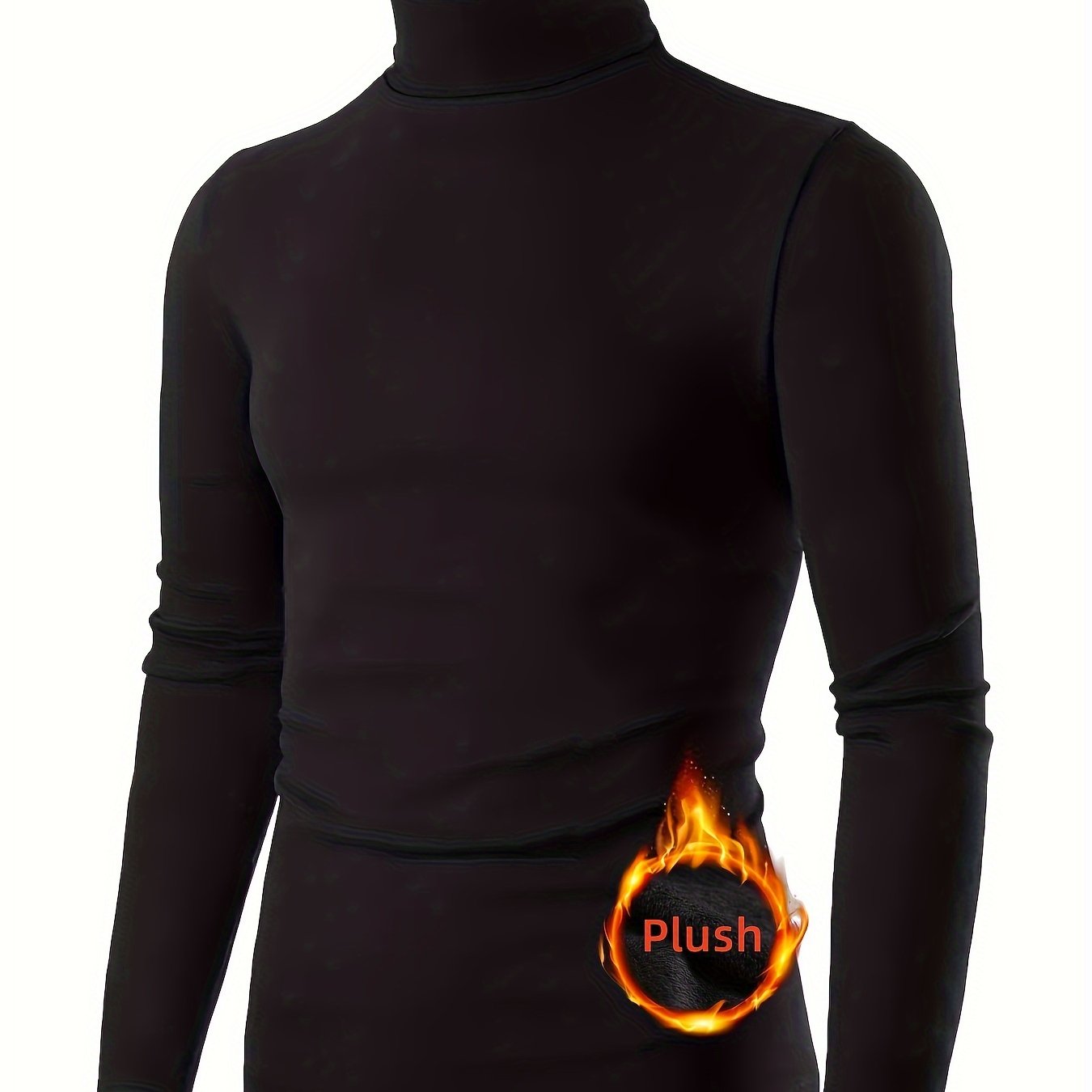 Men's Fleece Lined Solid Color Turtleneck Long Sleeve T-shirt, Casual Warm Comfy Top As Gift, Outdoor Cloth