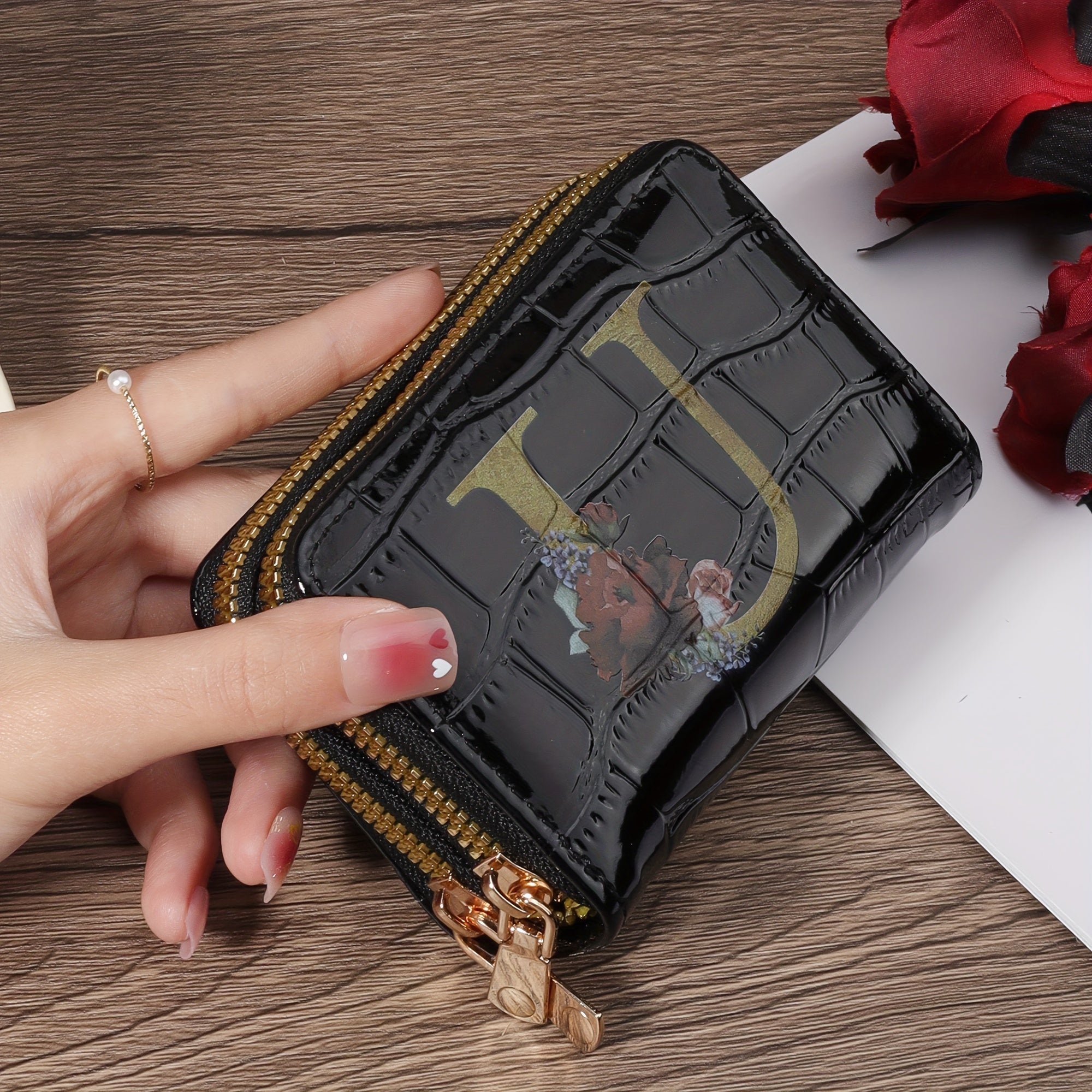 Portafoglio portacarte Valstrend con motivo floreale, piccolo portamonete con zip e design a fisarmonica per donna o uomo.