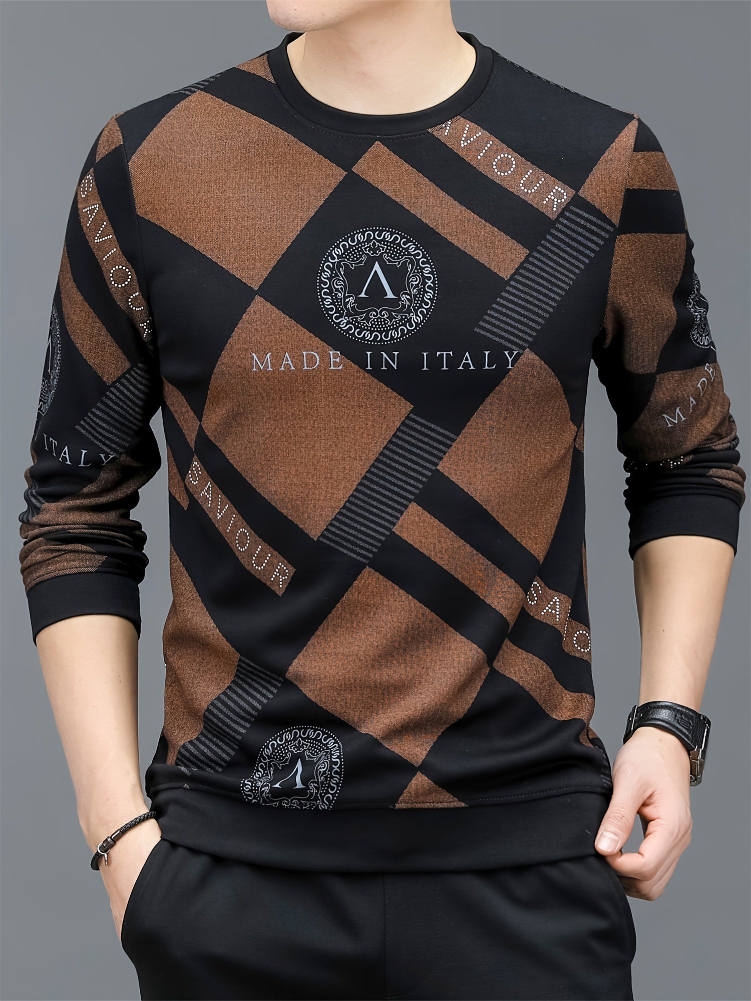 Felpa da uomo Valstrend con stampa lettere e blocchi, maniche lunghe, stile casual e trendy, ideale come regalo.