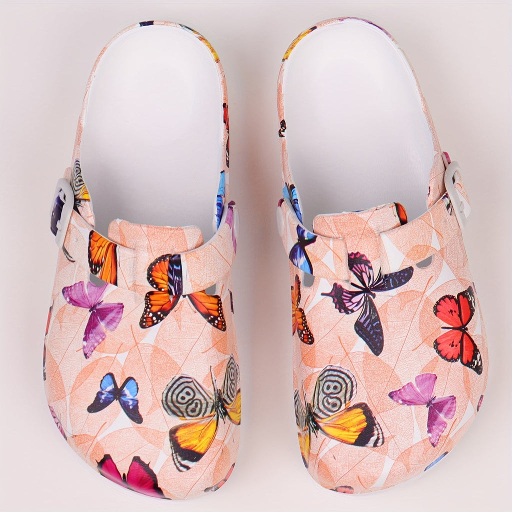 Women's Butterfly Printed Garden Clogs, Trendy Soft Sole Pillow Shoes, Light And Smooth Clogs For Holidays