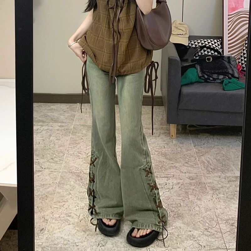 Pantaloni in denim americani a vita alta, a gamba larga e stretch, stile retrò chic per donna, marca Valstrend.