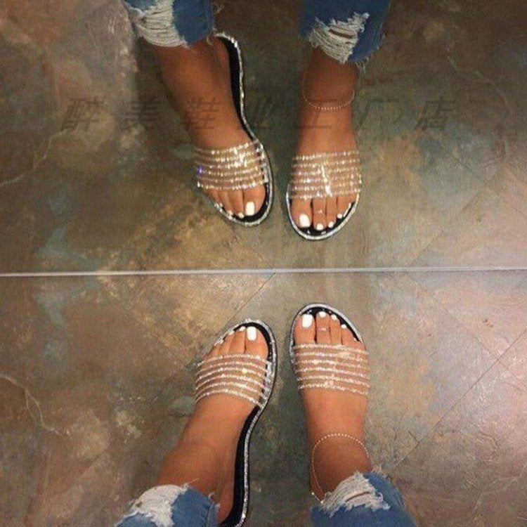 Ciabatte da donna Valstrend con decorazioni in strass, scarpe piatte eleganti e comode per la moda femminile.