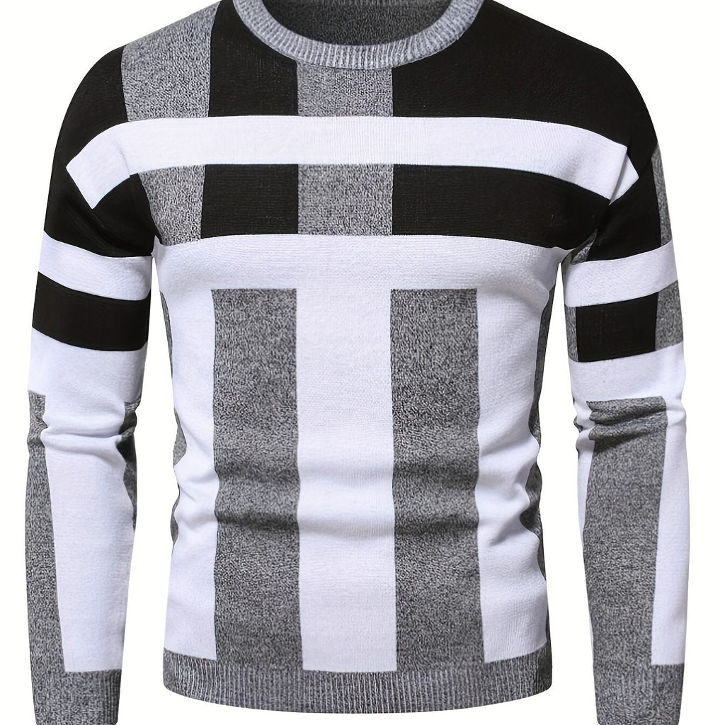 Men's Color Block Round Neck Sweater, Trendy Stretch Warm Pullover For Winter Outdoor