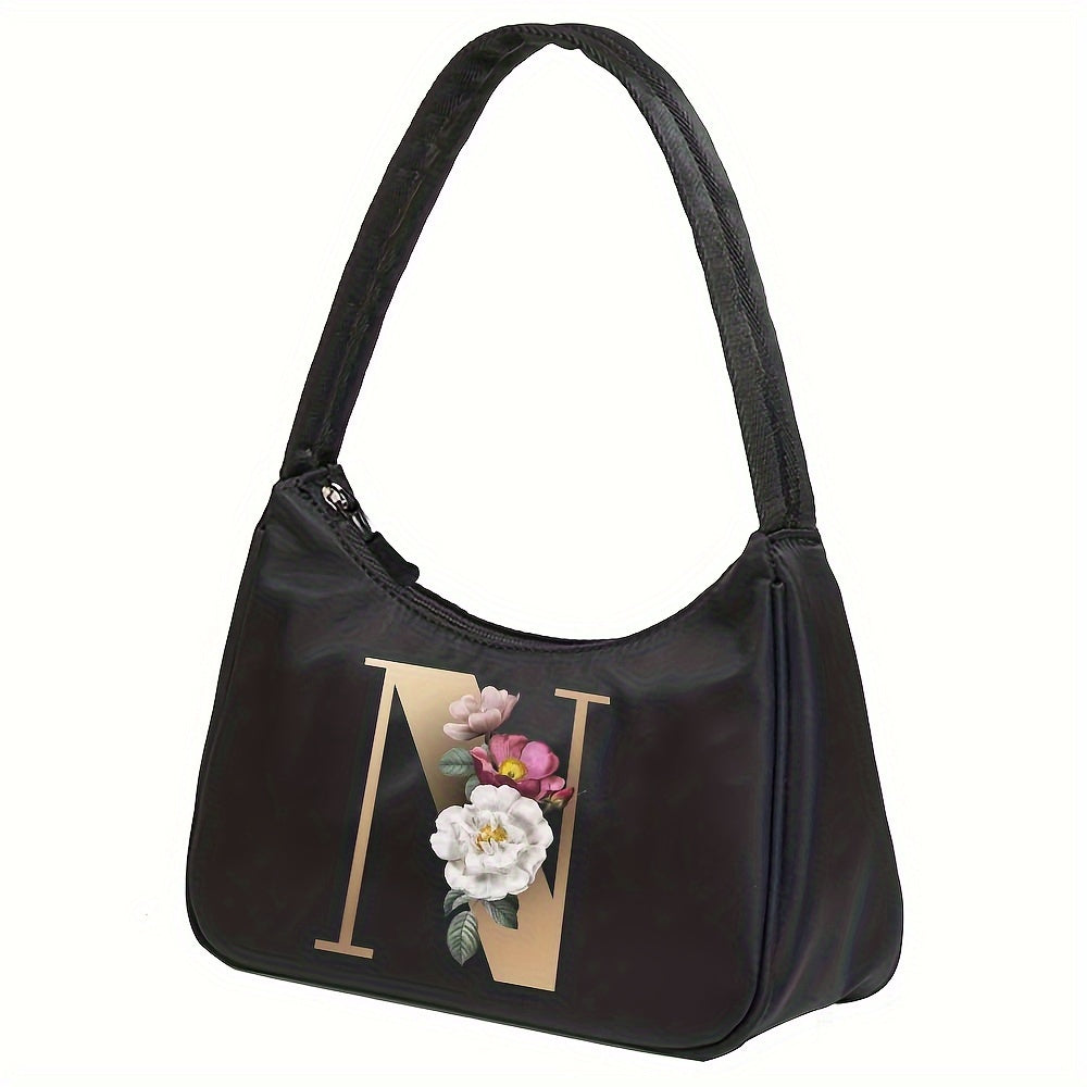 Floral Letter Print Shoulder Bag, Fashion Nylon Underarm Bag, Women's Zipper Handbag & Purse