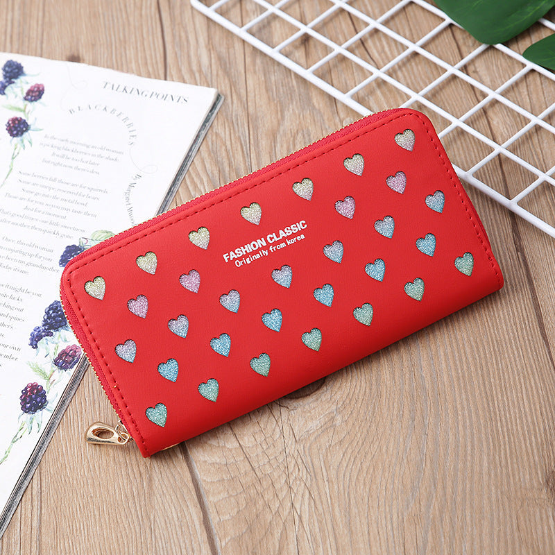 Portafoglio lungo Valstrend con lettere, cuore vuoto e polvere glitterata, elegante e spazioso per carte e denaro.